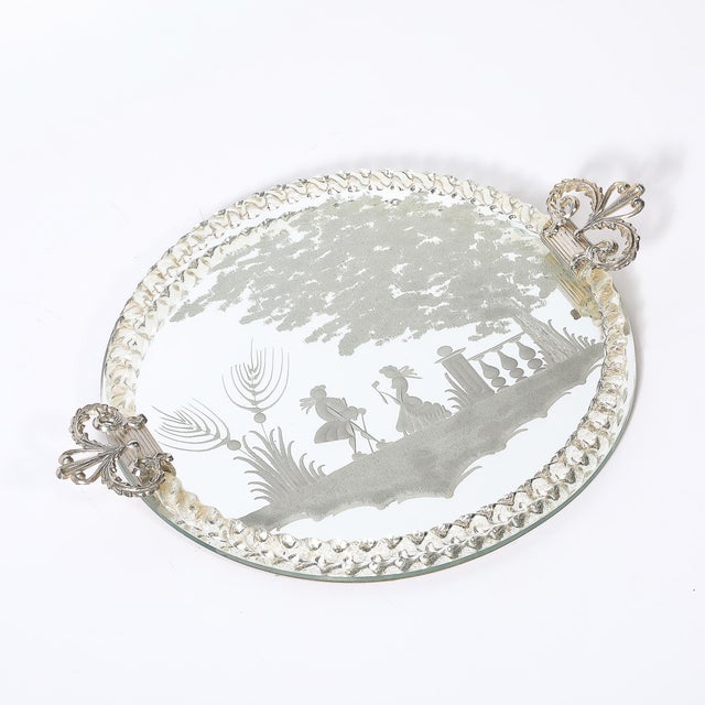 Classical Reversed Etched Mirrored Tray W/ Pastoral Scene & Twisted Glass Border For Sale - Image 4 of 14