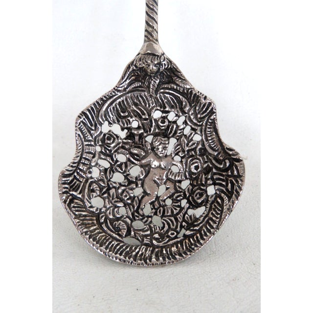 Italian Italy Ornate Silvertone Straining Spoon Decorative Floral Cherub Motif 5143b For Sale - Image 3 of 12