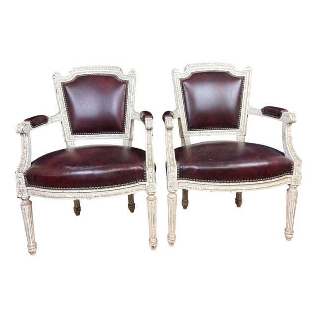 Louis XVI Convertible Armchairs in Lacquered Wood and Leather, 1850, Set of 2 For Sale