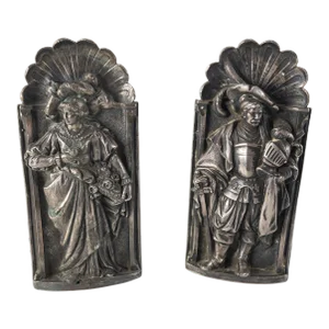English Sheffield Silverplate Elizabethan Embossed Figurative Bookends