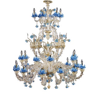 Rezzonico Style Murano Glass Chandelier with Blue Flowers For Sale