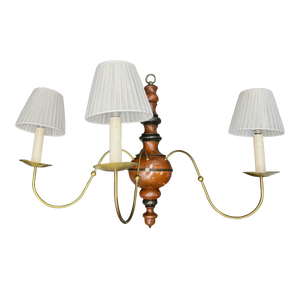 1970s Vintage Federal Style 3-Light Wood and Brass Plug-In Sconce With Shades