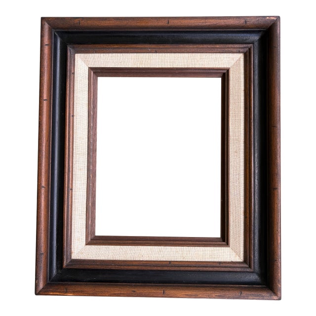 Vintage Wood Picture Frame With Linen Liner & Non-Glare Glass For Sale