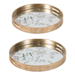 Bird and Floral Etched Mirror Tray (Set of 2) For Sale
