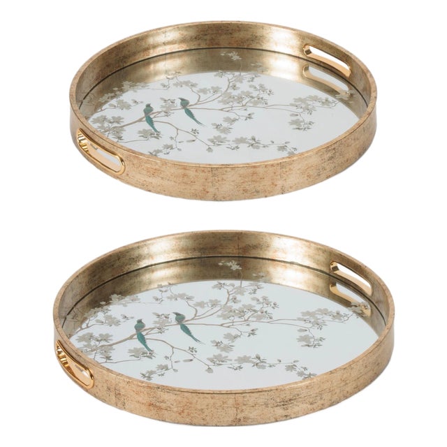 Bird and Floral Etched Mirror Tray (Set of 2) For Sale