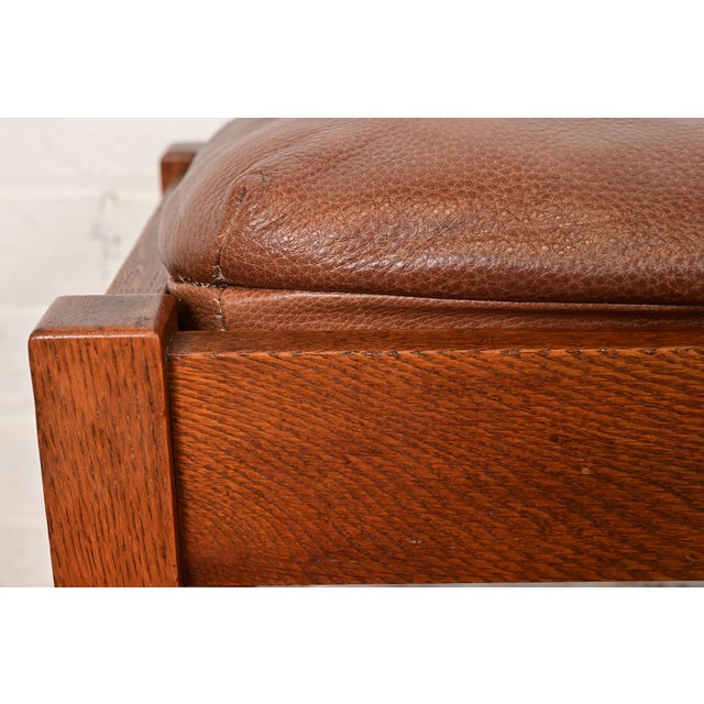 Early 20th Century Stickley Brothers Antique Mission Oak Arts & Crafts Leather Upholstered Footstool or Ottoman, Circa 1910 For Sale - Image 5 of 12