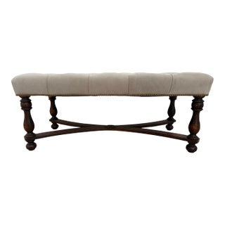 Late 20th Century English Oak Bench With Tufted Beige Suede Seat and Brass Nailhead Trim For Sale