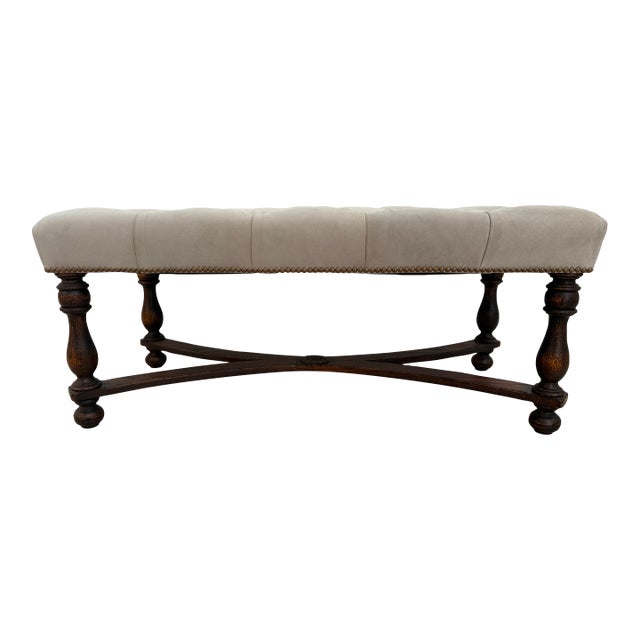 Late 20th Century English Oak Bench With Tufted Beige Suede Seat and Brass Nailhead Trim For Sale