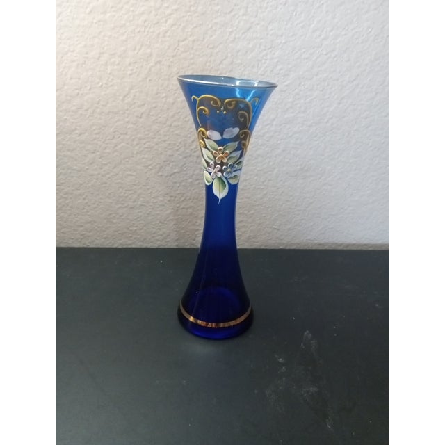 Boho Chic 1970s Hand Painted Czech Bohemian Cobalt Blue Glass Bud Vase For Sale - Image 3 of 6