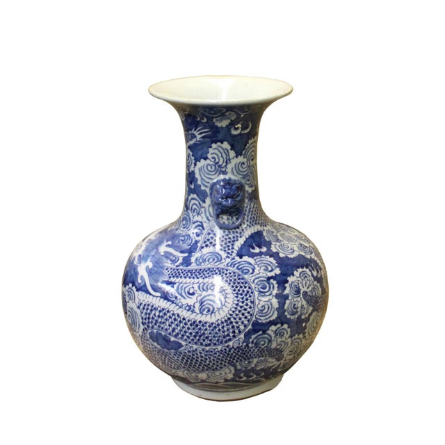 Chinese Blue White Porcelain Oriental Dragons Scenery Graphic Vase For Sale - Image 4 of 7
