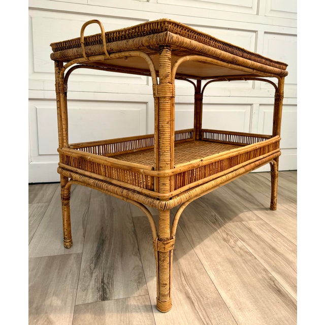 Contemporary Vintage Bamboo, Rattan & Wicker Two-Tier Console Display Table With Tray Top For Sale - Image 3 of 15