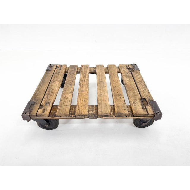 Industrial Vintage Industrial Iron & Wood Coffee Table on Wheels, 1950s For Sale - Image 3 of 11
