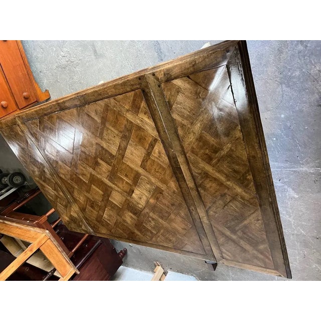 Brown French Provincial Style Distressed Painted Fruitwood Top Draw Leaf Extension Dining Table With Basket Weave Inlay Top. For Sale - Image 8 of 11
