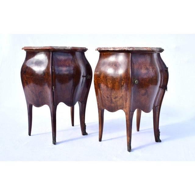 Wood Italian Burl Wood Bombe Nightstands, Breccia Marble Tops, 19th Century For Sale - Image 7 of 9