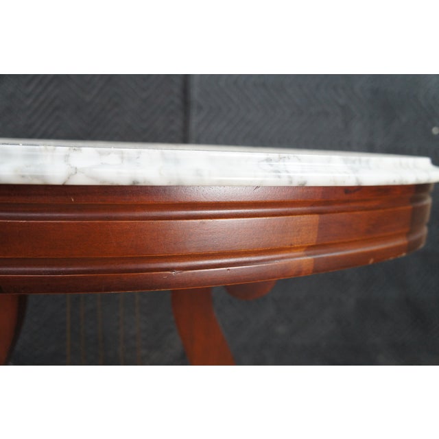 1970s 2 Victorian Revival Cherry Marble Top Lyre Harp Hall Entry Parlor Console Tables For Sale - Image 12 of 13