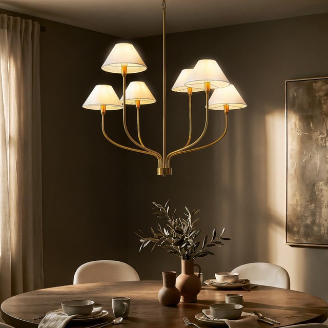 Brass Aloadecor French Modern Warm Brass Curved Staggered Chandelier With White Fabric Shades For Sale - Image 8 of 8