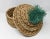 Boho Natural Tan and Turquoise Teal Green Natural Raffia Woven Covered Basket With Pom-Pom Decorative Accent For Sale - Image 9 of 10