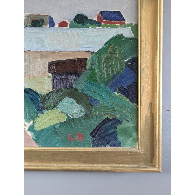 Green Mid-Century Modern 'Hillside Houses' Vintage Swedish Semi-Abstract Landscape Oil Painting, Framed For Sale - Image 8 of 12