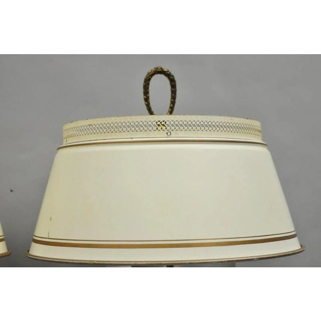Metal Vintage French Country Tole Metal Shade Brass Column Candelabra Table Lamps Pair For Sale - Image 7 of 16