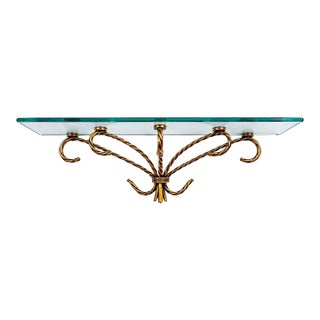 Vintage Hollywood Regency Gilt Metal Rope & Tassel Glass Wall Shelf For Sale