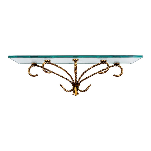 Vintage Hollywood Regency Gilt Metal Rope & Tassel Glass Wall Shelf For Sale