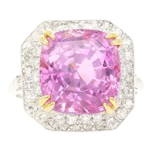 AGL Certified 10.88 Carat Cushion Cut Pink Sapphire & Diamond Halo Ring, Size 6