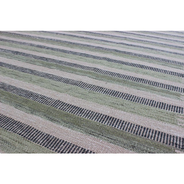 Mid-Century Modern 2020s Scandinavian Design Flat-Weave Rug With Striped Design in Charcoal and Green For Sale - Image 3 of 7