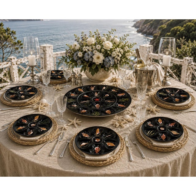 Mid 20th Century Quimper Guy Trévoux Black-Ground Oyster Service — Master W/ 6 Plates For Sale - Image 11 of 11
