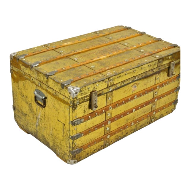 Early 1900s Antique Victorian Brass Clad Wooden Band Train Trunk Storage Treasure Chest For Sale
