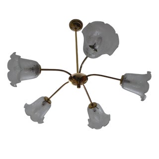Gold-Plated Metal Chandelier with Opaque Glass Shade, 1960s For Sale