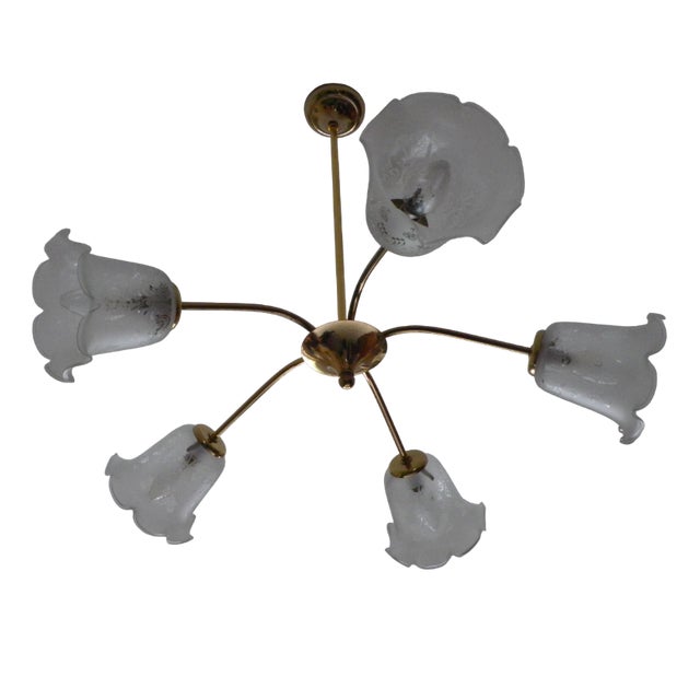 Gold-Plated Metal Chandelier with Opaque Glass Shade, 1960s For Sale
