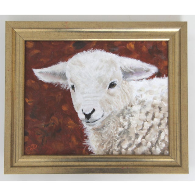 Realism Lamb Sheep Portrait English Traditional Impressionism Anique White Burnt Orange Original Oil Painting Cleo Plowden For Sale - Image 3 of 8