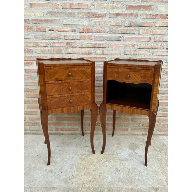 Early 20th Century French Marquetry and Iron Hardware Bedside Tables or Nightstands with Drawers and Open Shelf, Set of 2 For Sale - Image 13 of 13