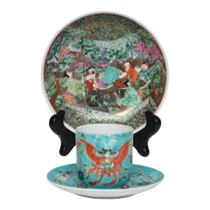 Vintage Japanese and Chinese Famille Verte Porcelain Set- 4 Pieces