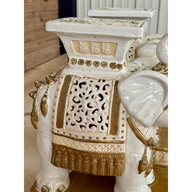 Mid 20th Century Vintage Chinoiserie Regency Glazed Terracotta Ceramic Elephant Garden Side Tables For Sale - Image 5 of 11
