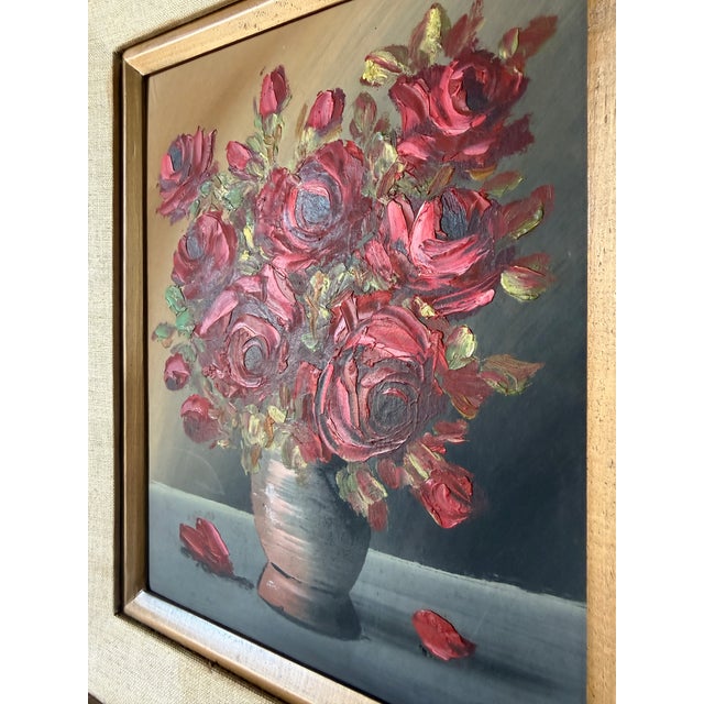 Wood 1970s Vintage Riher Red Roses Floral Still Life Oil Painting on Masonite – Framed For Sale - Image 7 of 9