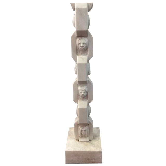 White Marble Totem on Pedestal with Signature For Sale