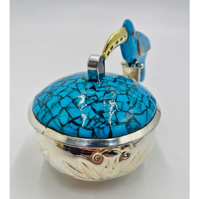 1960s Fajardo Taxco Silver Plate Brass Lapis Toucan Creamer Sugar Tray Set - 3pcs For Sale - Image 16 of 18