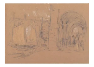 Ship and Arcade - Mixed Media on Paper by A. Koopman - Late 19th Century Late 19th Century