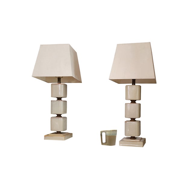 Late 20th Century Vintage Ombre Stacked Ceramic Cube Monumental Table Lamps For Sale - Image 5 of 11