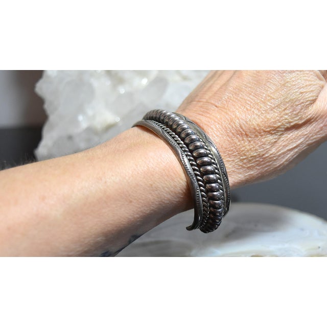 Vintage Heavy Sterling Silver Navajo Cuff Bracelet Franklin & Verna Tahe For Sale - Image 13 of 17