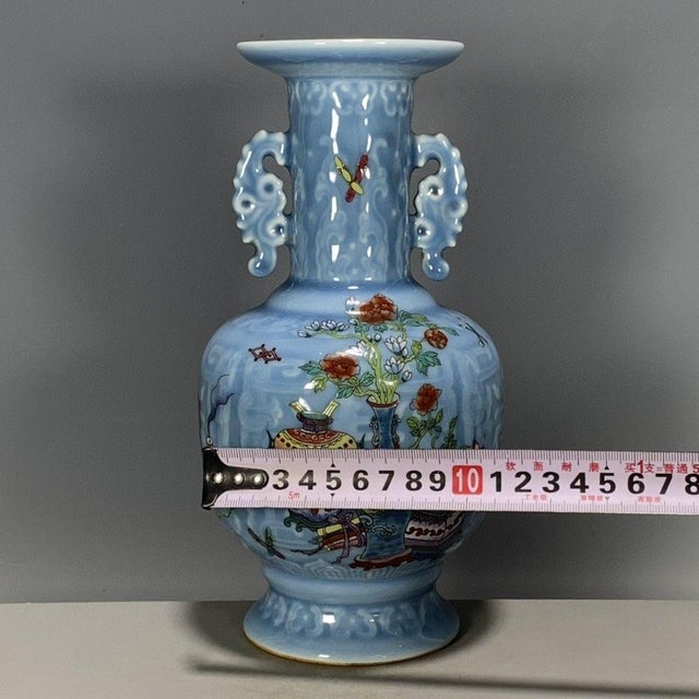 Chinese Light Blue Glazed Porcelain Vase With Famille Rose Antiques Motif For Sale - Image 4 of 9