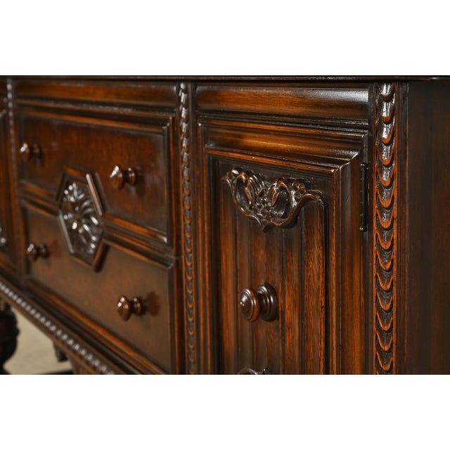 Berkey & Gay Antique English Jacobean Carved Walnut and Burl Wood Sideboard, Circa 1920s For Sale - Image 10 of 14
