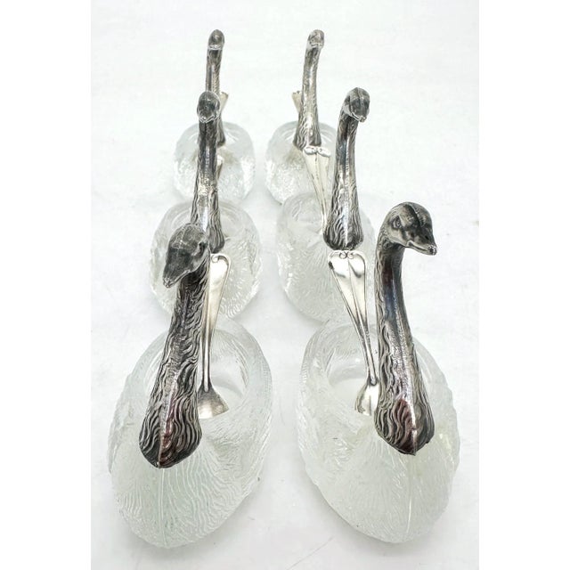 Six Carved Rock Crystal & Sterling Swan Motif Salts/ Condiments with Spoons For Sale - Image 11 of 12