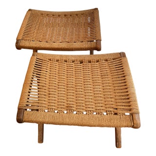 1970s Vintage Hans Wegner-Style Folding Rope Cord Ottomans - a Pair For Sale
