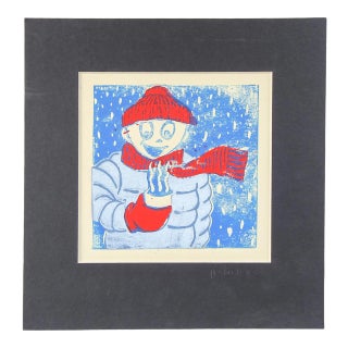 Winter Figure & Hot Chocolate Serigraph in Red & Blue For Sale