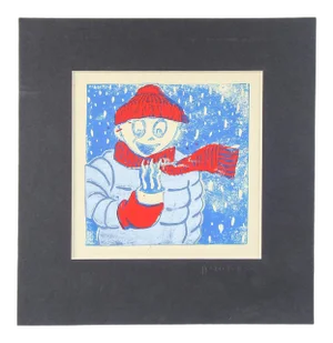Winter Figure & Hot Chocolate Serigraph in Red & Blue