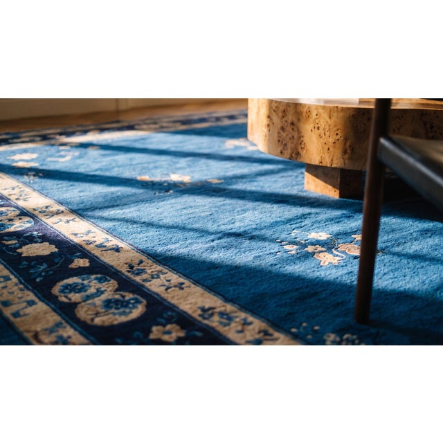 Spectacular Navy Background Color With Lovely Floral Desing Antique Chinese Peking Rug For Sale - Image 9 of 9