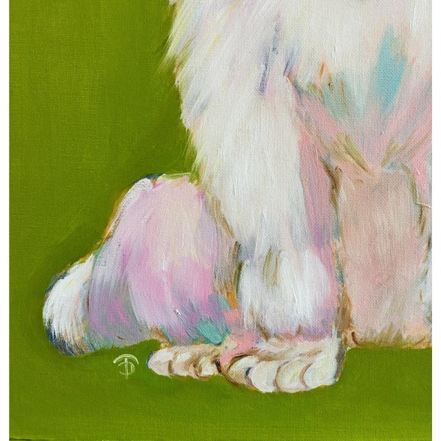 Contemporary White Poodle Original Oil Painting, Signed, Chartreuse Green, Teak Wood Frame by Tatiana Duperault For Sale - Image 3 of 5