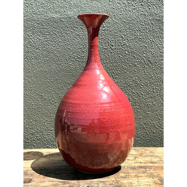 Red Vintage Original Studio Pottery Long Neck Vase For Sale - Image 8 of 12